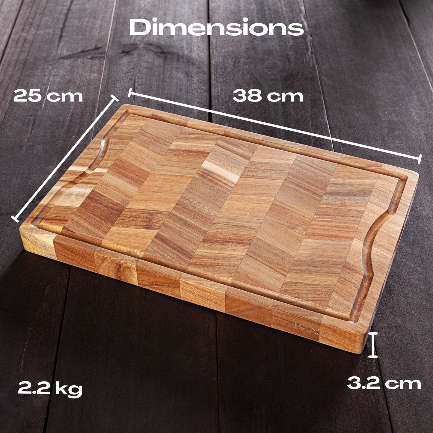 Acacia wood chopping board. Detailed chevron pattern. Dimensions 38 x 25 x 3.2 centimeters